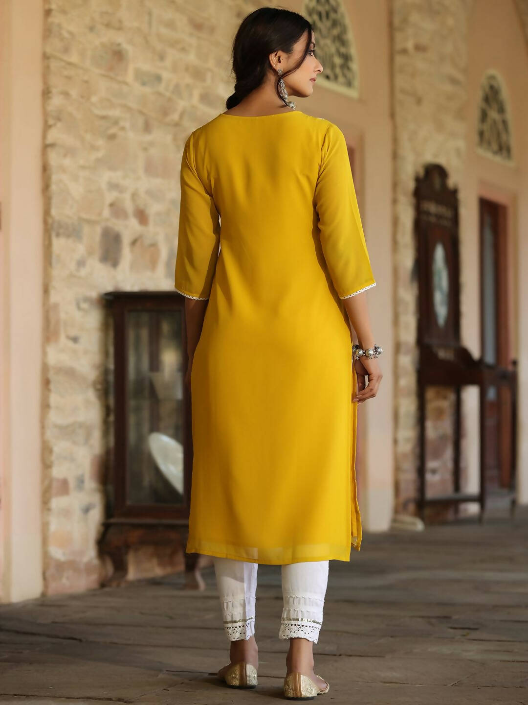 Juniper Women's Yellow Georgette Printed Kurta | Swadesiicart