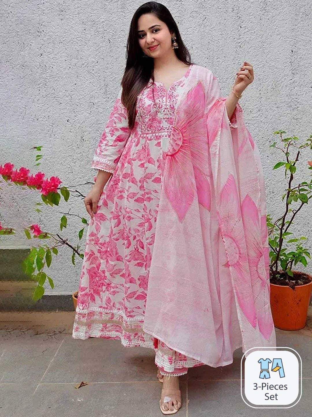 Kalini Floral Printed Mirror Work Anarkali Pure Cotton Kurta with Palazzo & Dupatta