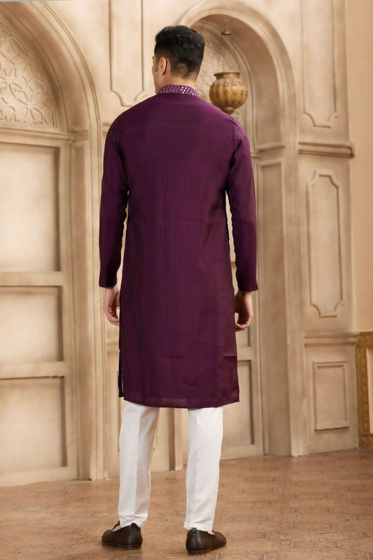 Raivat Ethnic Banarasi Art Silk Mirror Work Kurta Pajama In Wine Colour | Swadesiicart