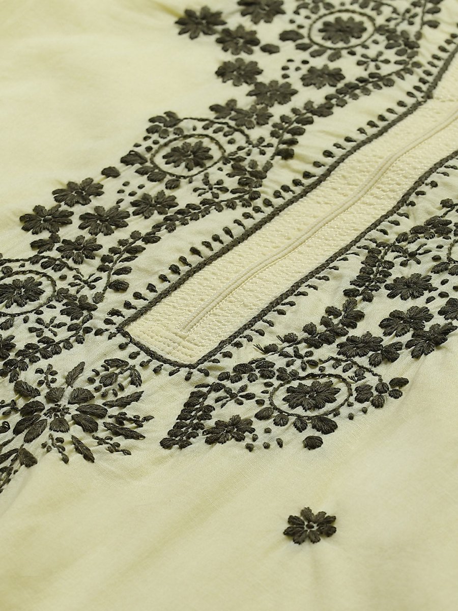 ADA Women Yellow & Olive Green Chikankari Floral Embroidered Sustainable Handloom Kurta with Trousers | Swadesiicart