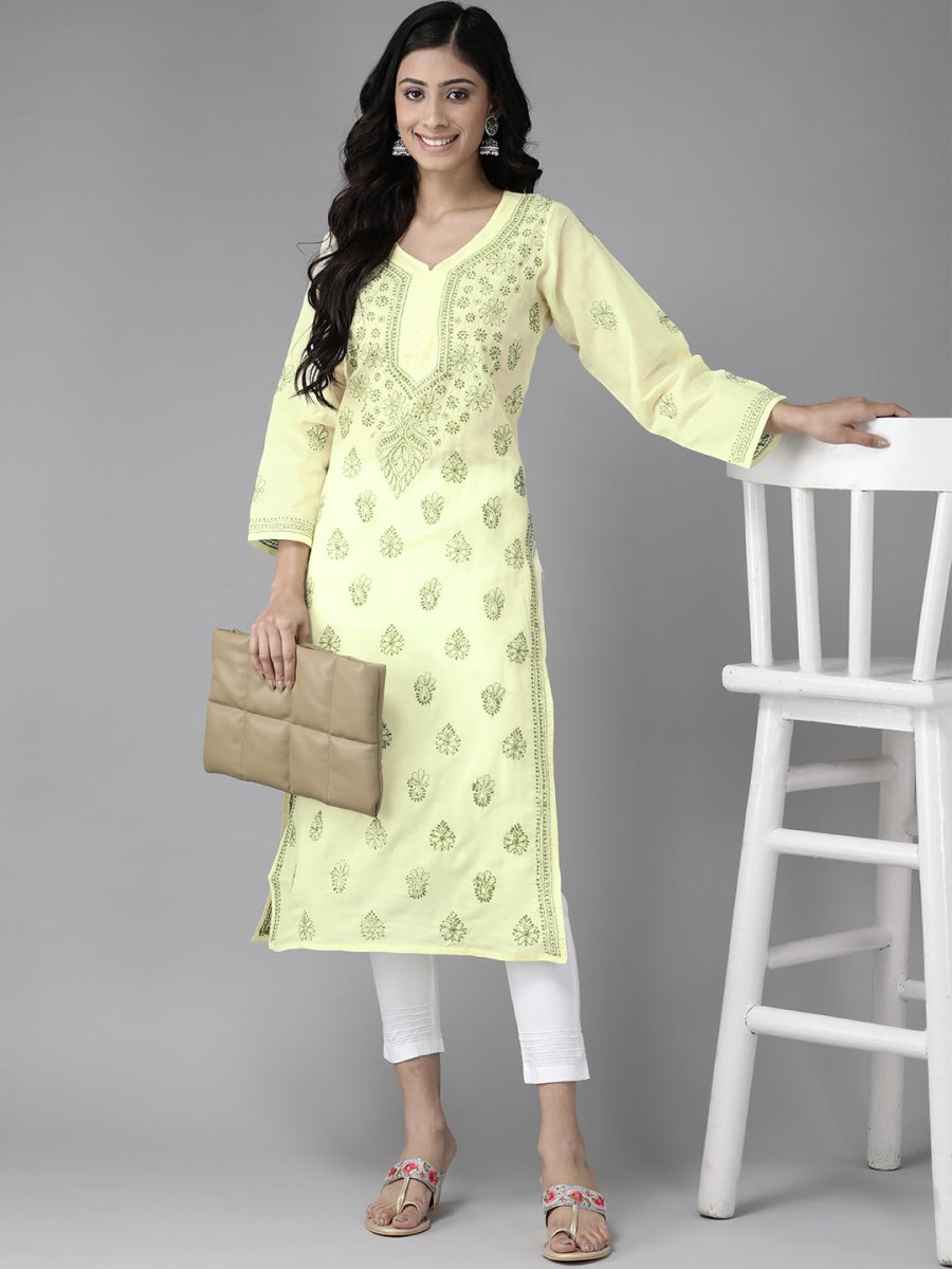 ADA Women Yellow & Green Embroidered Chikankari Handloom Kurta Handloom Kurta with Trousers | Swadesiicart