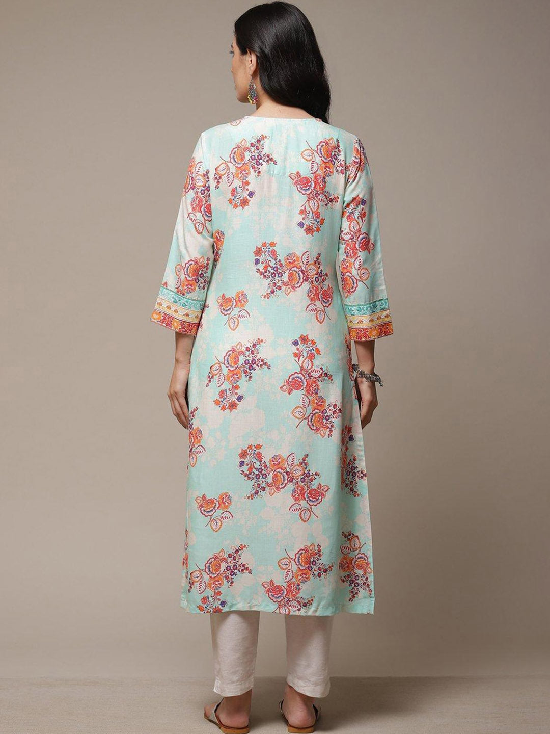 Biba Ethnic Motifs Printed Notched Neck A-Line Kurta - Swadesiicart