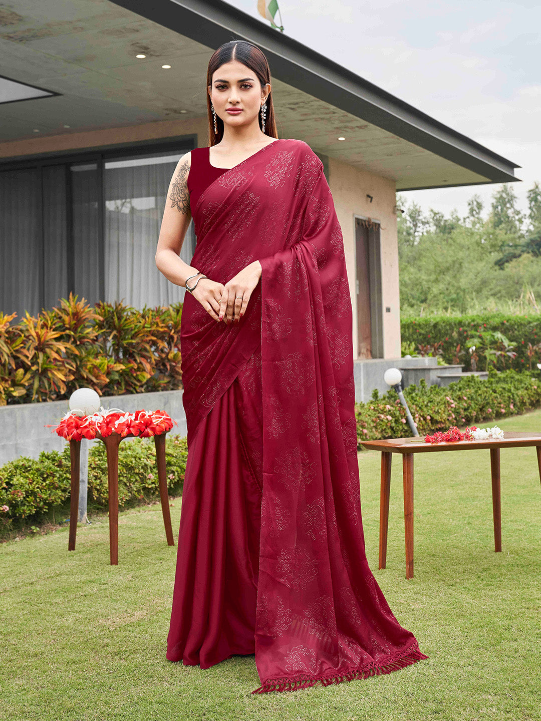 Tikhi Imli Embellished Half and half Satin Saree With Tassels | Swadesiicart