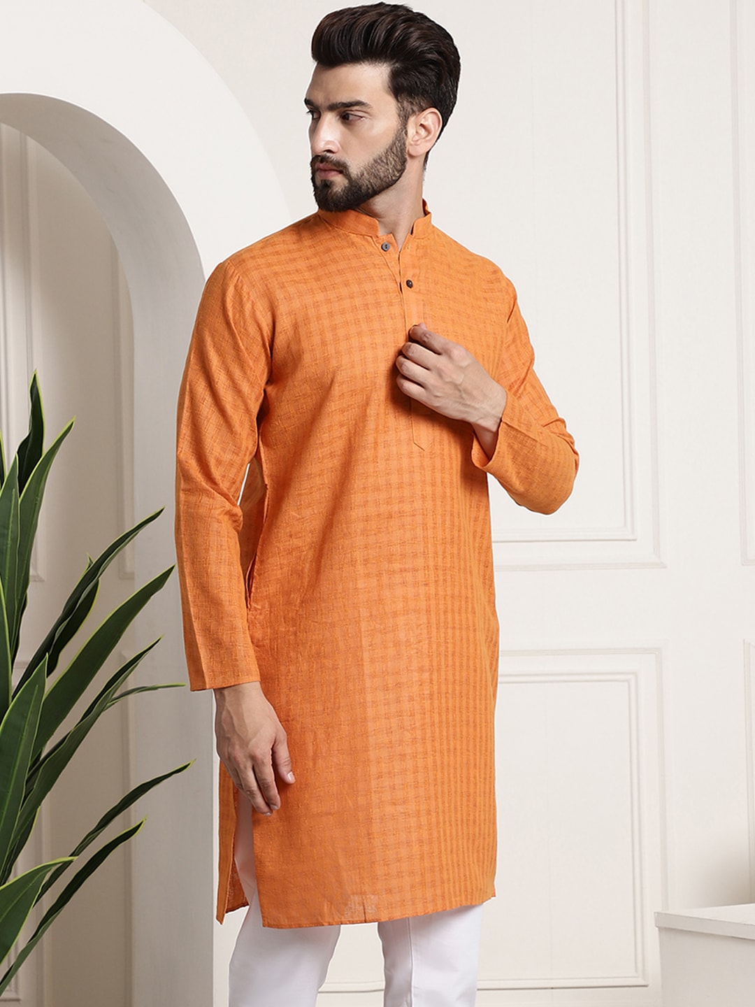 Sojanya Men Orange Dobby Self-Checked Straight Kurta | Swadesiicart