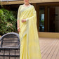 Mitera Yellow & White Floral Embroidered Zari Pure Linen Banarasi Saree | Swadesiicart