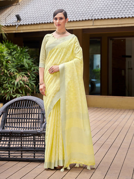 Mitera Yellow & White Floral Embroidered Zari Pure Linen Banarasi Saree | Swadesiicart