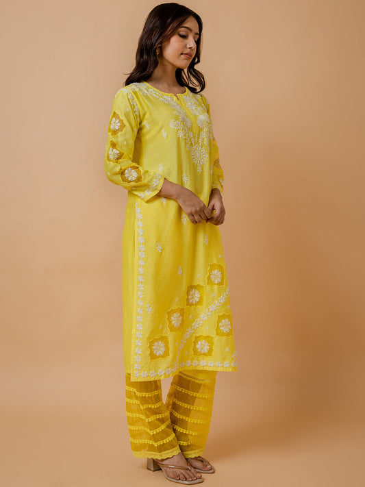 HOUSE OF KARI Ethnic Motifs Embroidered Round Neck Chikankari Chanderi Silk Kurta | Swadesiicart