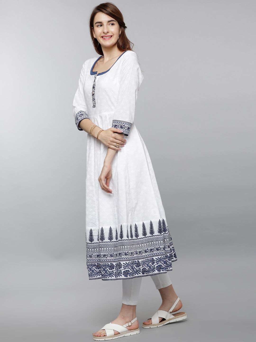 Vishudh Women White & Navy Blue Printed Anarkali Kurta - Swadesiicart