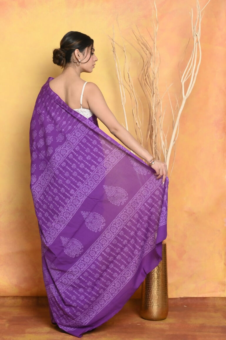 Very Much Indian Handblock Printed Cotton Saree With Natural Dyes - Purple | Swadesiicart