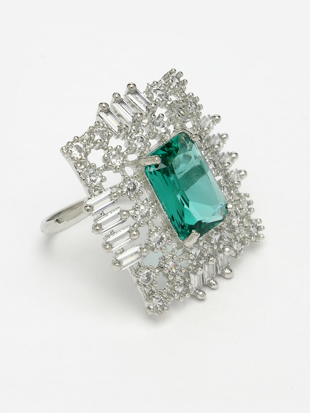 NVR Women's Green & Silver CZ-Studded Square-Shaped Adjustable Finger Ring | Swadesiicart
