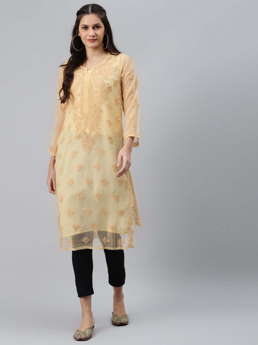 ADA Women Beige & Black Ethnic Motifs Embroidered Chikankari Handloom Kurta with Trousers & Inner | Swadesiicart
