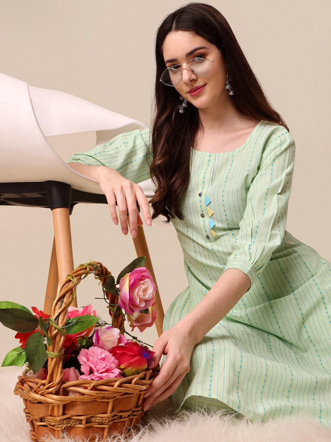 Kalini Women Woven Striped Thread Work Kurta with Trousers - Swadesiicart