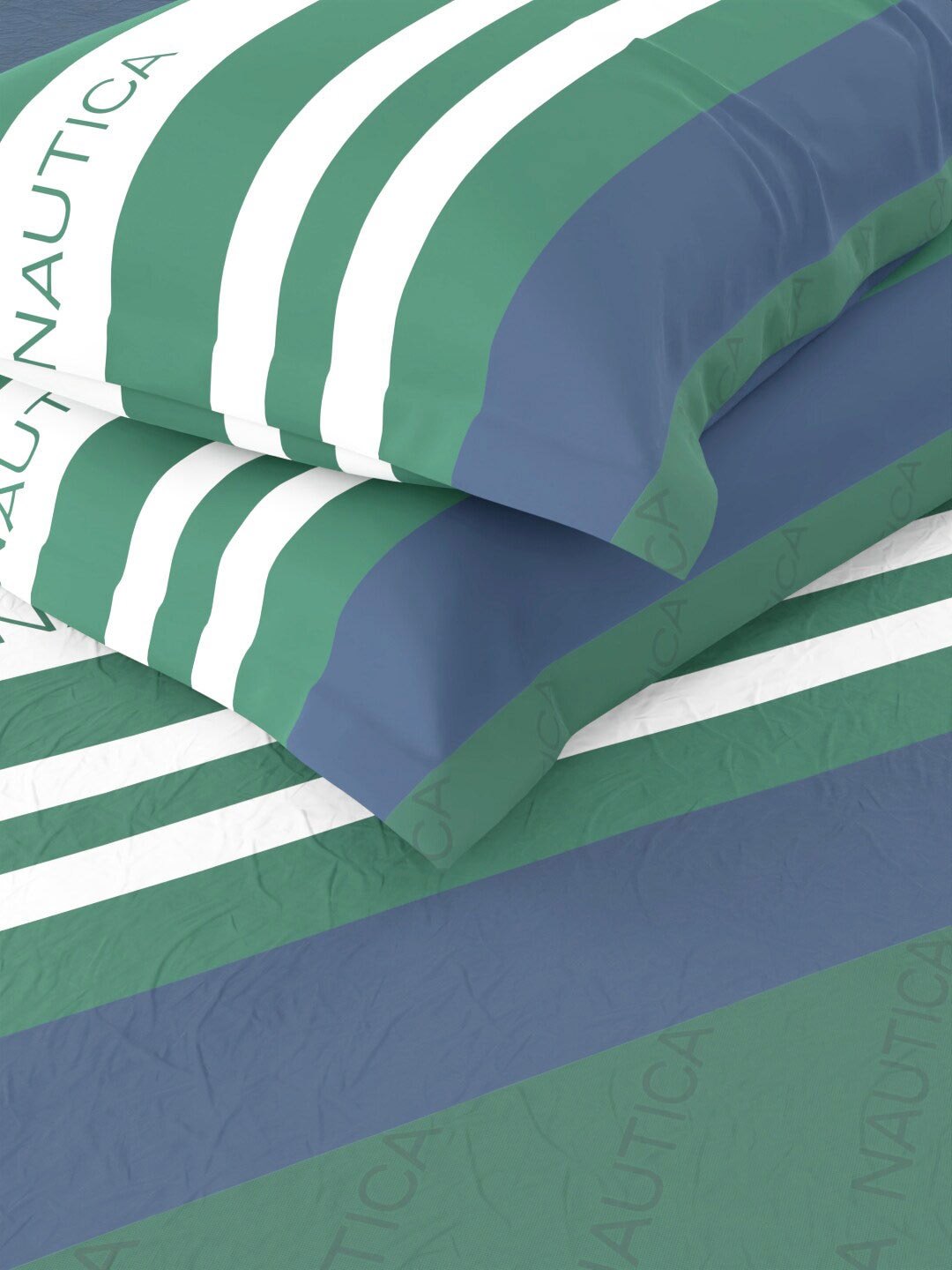 Nautica Bradford Blue & Green Striped 160 TC Pure Cotton King Bedsheet & 2 Pillow Covers - Swadesiicart