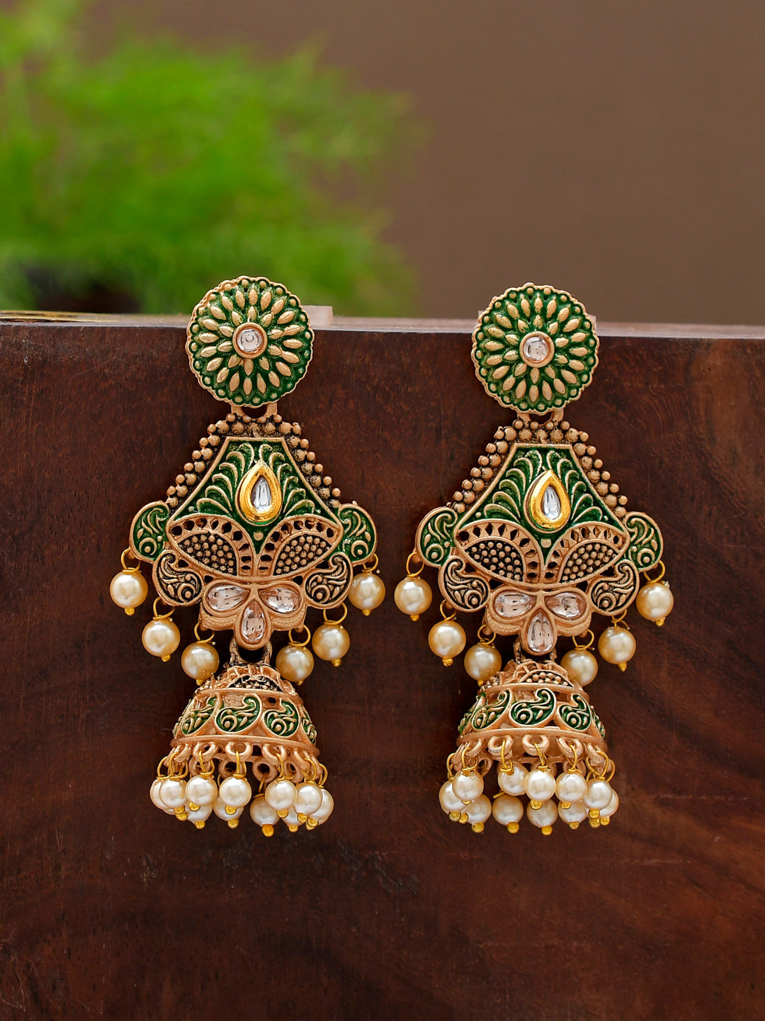Shoshaa Green & Gold-Toned Contemporary Jhumkas Earrings | Swadesiicart
