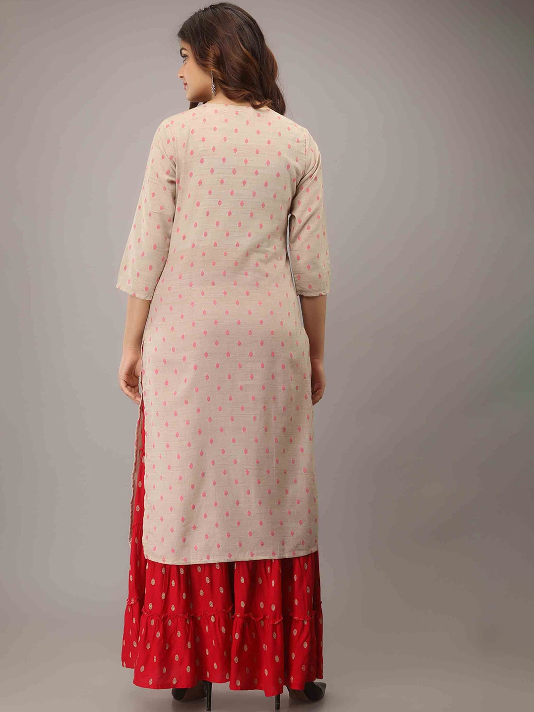 Kalini Women Cream-Coloured Embroidered High Slit Mirror Work Pure Cotton Kurti with Sharara | Swadesiicart
