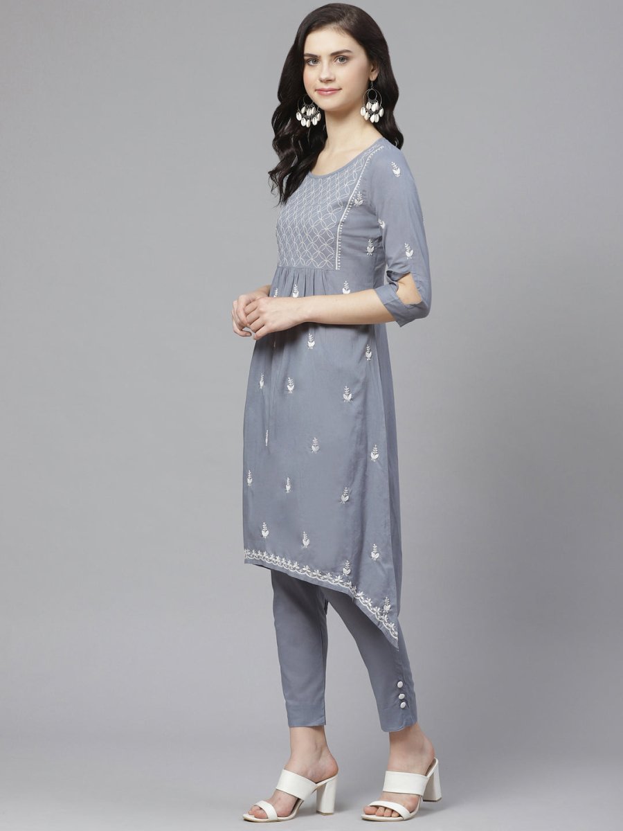 ADA Women Grey & White Chikankari Embroidered Sustainable Handloom Kurta with Trousers | Swadesiicart