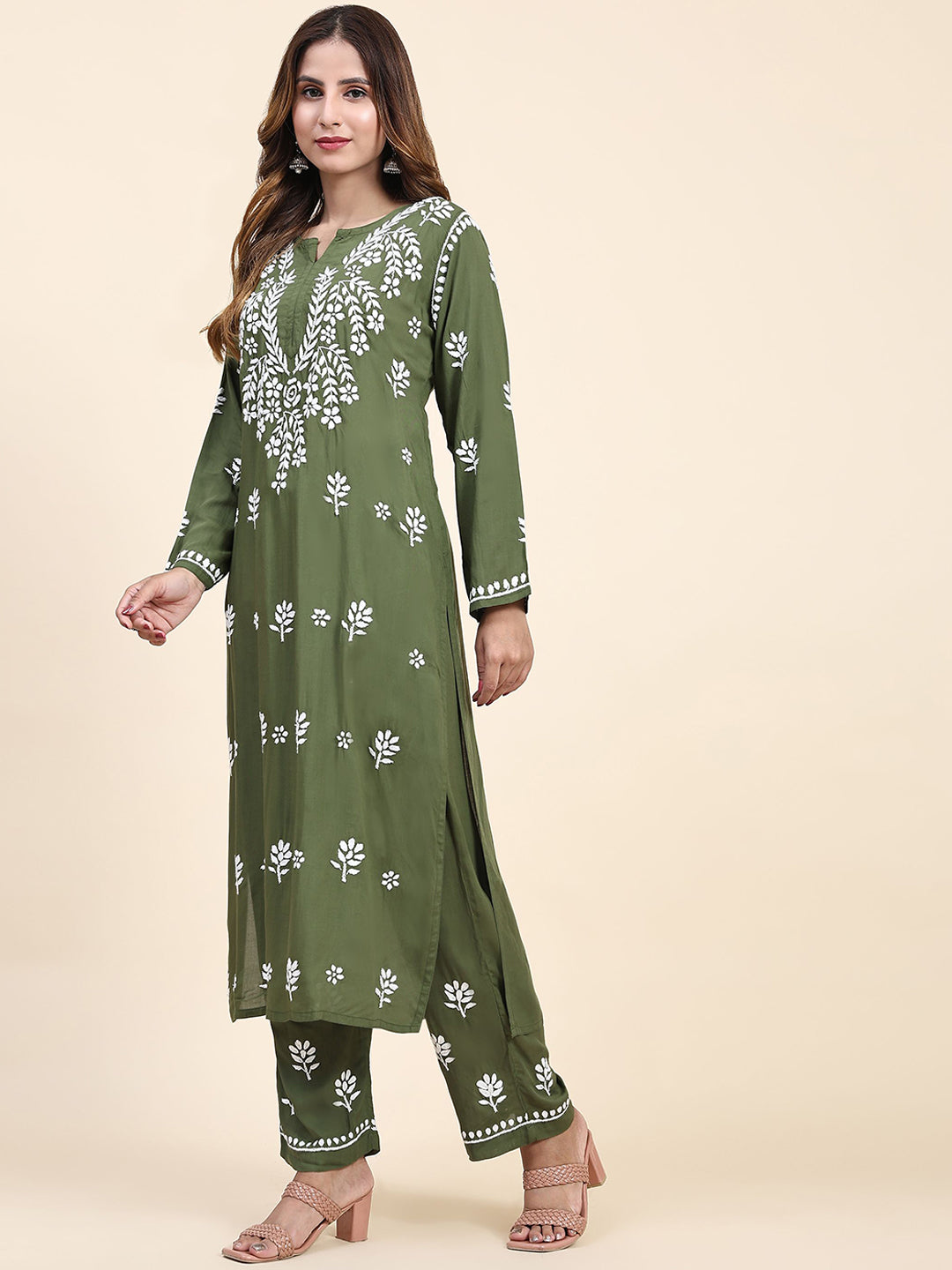 HOUSE OF KARI Floral Embroidered Thread Work Pure Cotton Kurta with Trousers | Swadesiicart