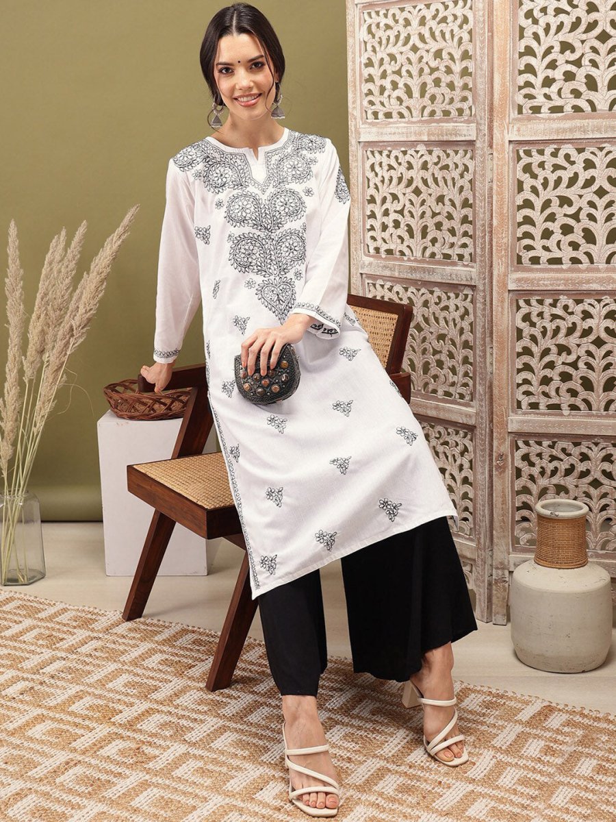 ADA Ethnic Motifs Embroidered Notch Neck Cotton Chikankari Straight Kurta | Swadesiicart