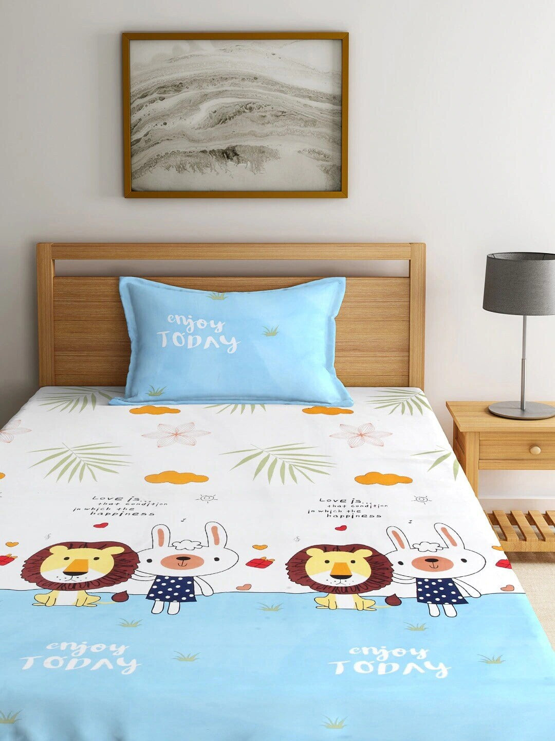 Home Sizzler White & Blue Cartoon Characters 210 TC Single Bedsheet with 1 Pillow Covers - Swadesiicart