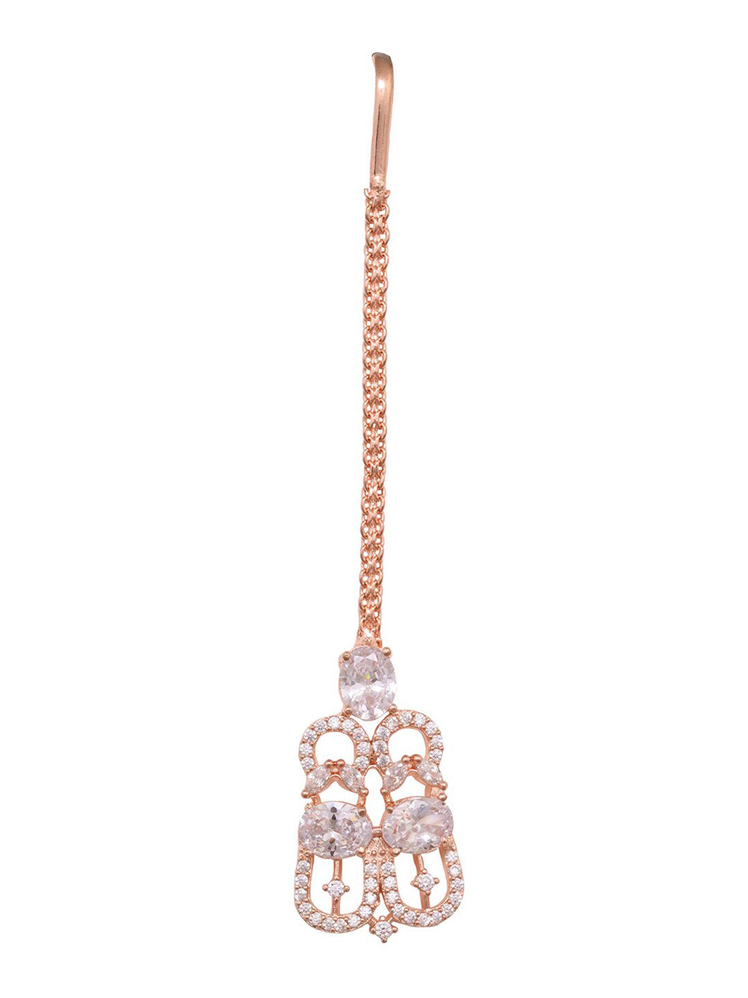 Saraf RS Jewellery Rose Gold-Polished White AD Studded Jewellery Set With Maang Tika - Swadesiicart