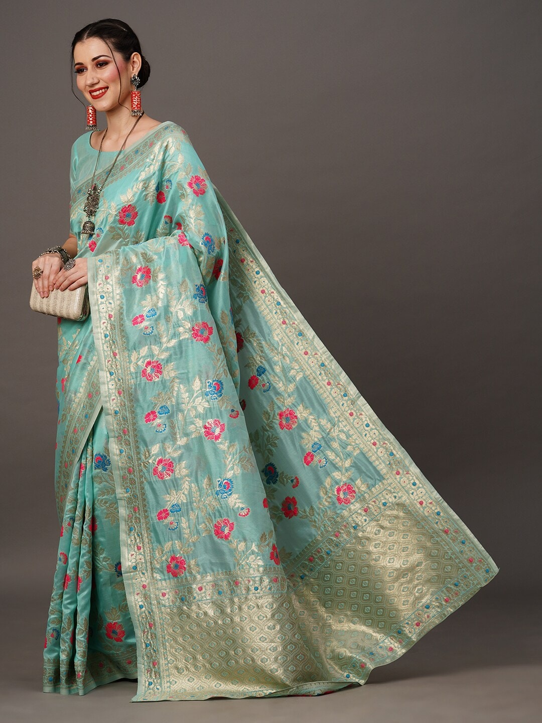 Mitera Floral Organza Banarasi Zari Saree With Blouse Piece | Swadesiicart