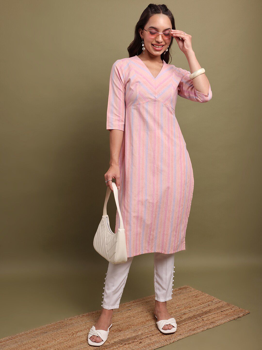 Vishudh Striped V-Neck Cotton Kurta - Swadesiicart