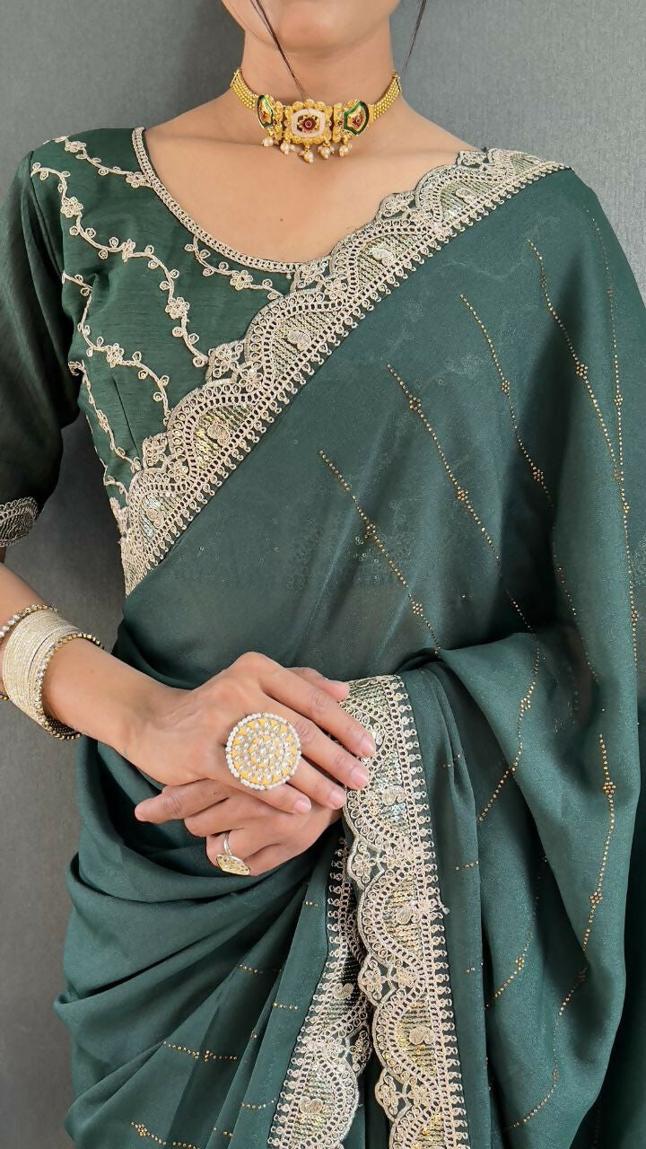 Vastranavya Sea Green Georgette Silk Swarovski & Heavy Lace Work Ready to Wear Saree | Swadesiicart