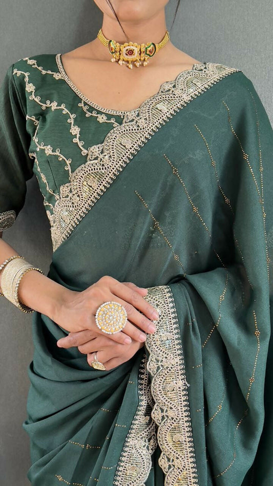 Vastranavya Sea Green Georgette Silk Swarovski & Heavy Lace Work Ready to Wear Saree | Swadesiicart