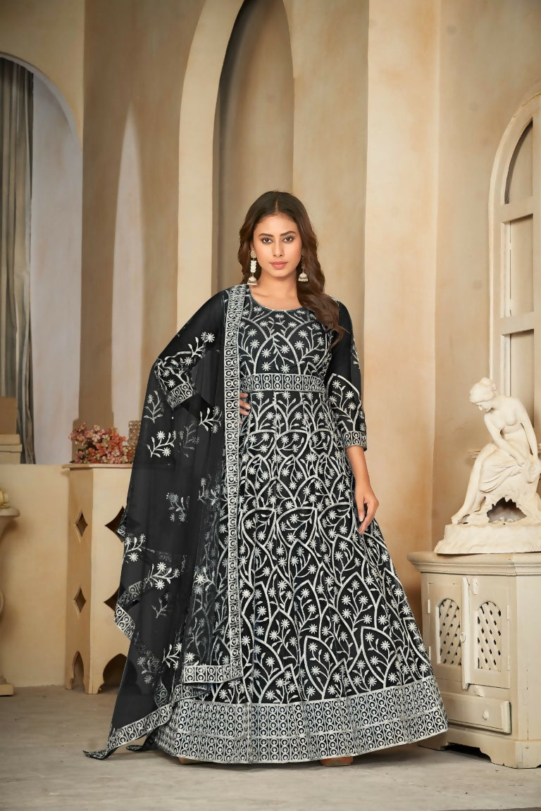 Jyoti Fashion Women's Black Net Embroidered Anarkali Kurta Pant Set With Dupatta | Swadesiicart