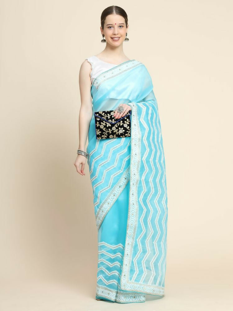 Vamsee Banno Lehriya Sky Organza Saree - Swadesiicart