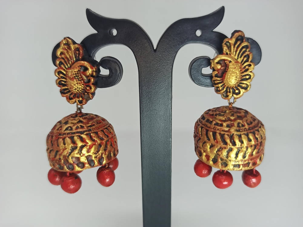 Terracotta Peacock Stud Ethnic Jhumkas-Gold Red | Swadesiicart