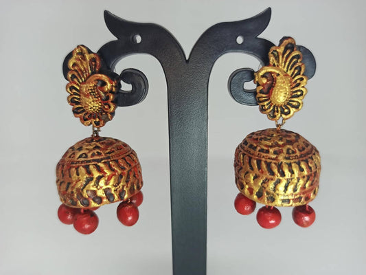 Terracotta Peacock Stud Ethnic Jhumkas-Gold Red | Swadesiicart