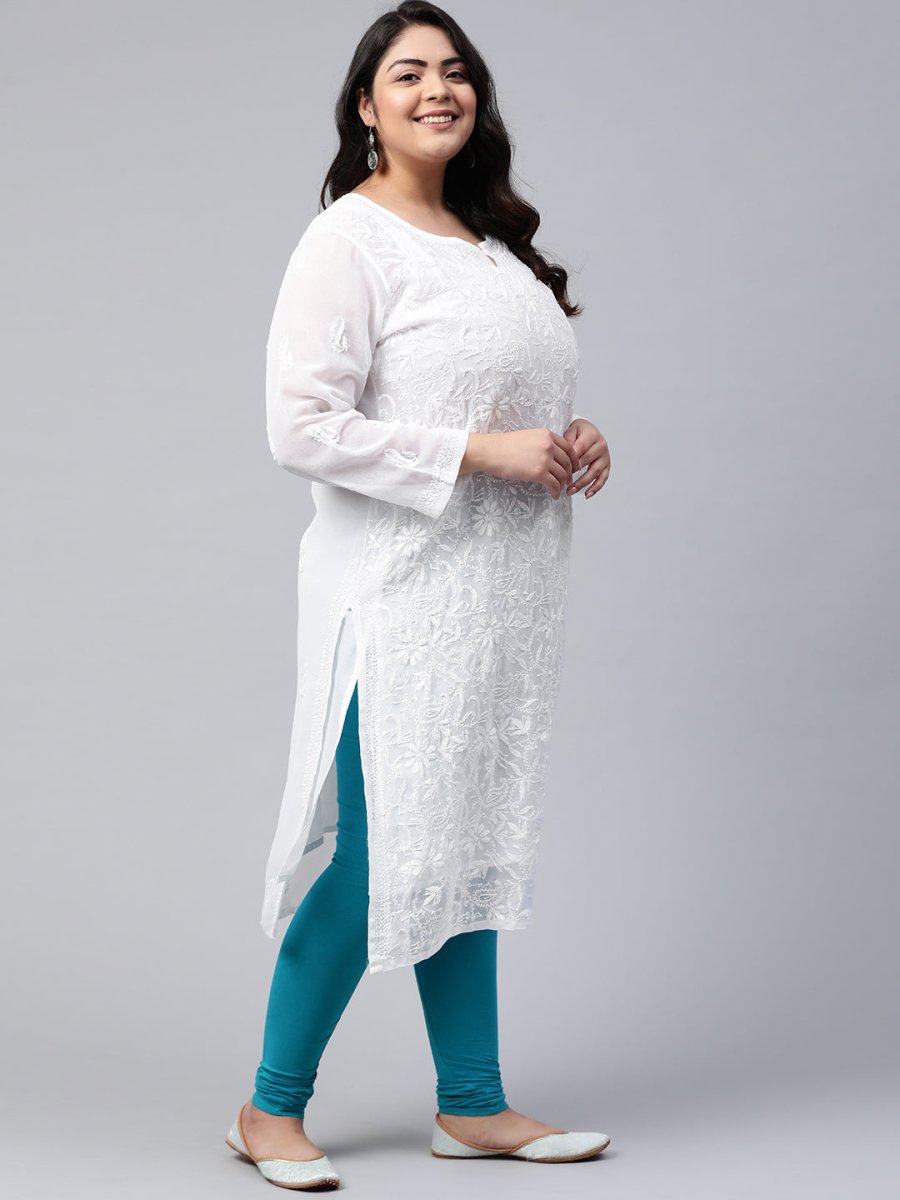 ADA Women Plus Size White Ethnic Motifs Chikankari Embroidered Georgette Handloom Kurta With Slip | Swadesiicart