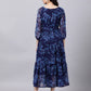 Souchii Navy Blue Floral Layered Chiffon A-Line Midi Dress - Swadesiicart