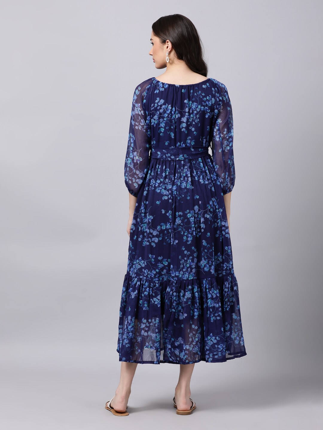 Souchii Navy Blue Floral Layered Chiffon A-Line Midi Dress - Swadesiicart