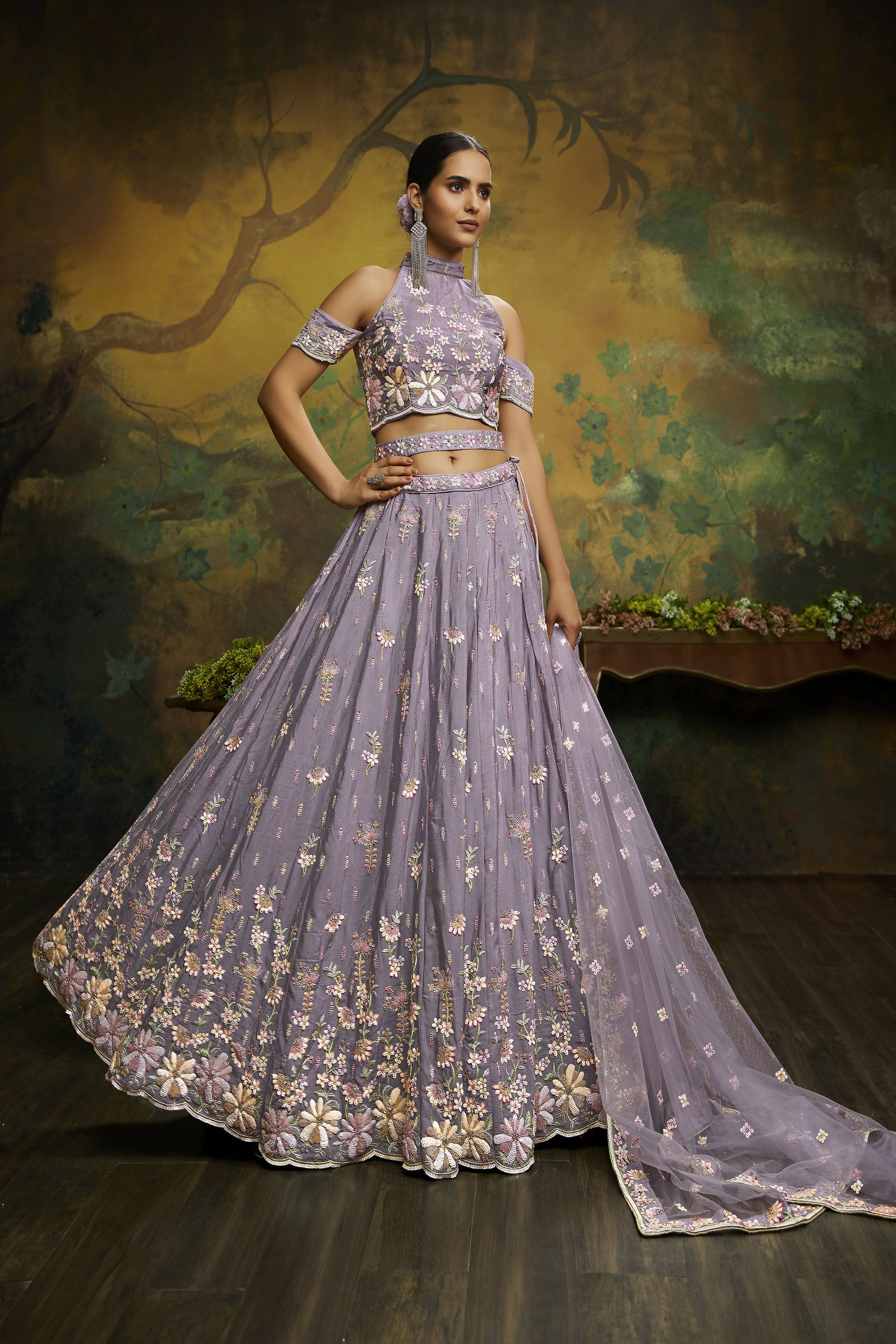 House of Panchhi Mauve Pure Georgette Sequins with heavy Zarkan embroidery Lehenga choli & Dupatta | Swadesiicart