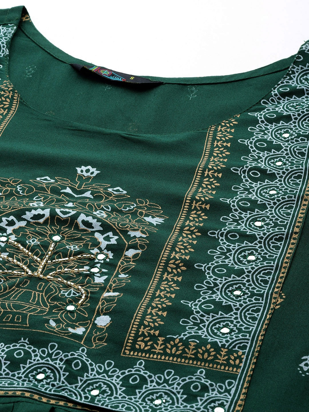 Kalini Ethnic Motifs Printed High Slit Mirror Work Kurta - Swadesiicart