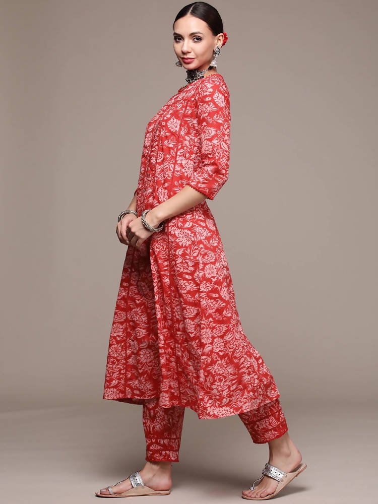Anubhutee Red Floral Printed Pure Cotton Kurta with Trousers & With Dupatta | Swadesiicart