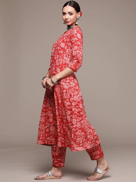 Anubhutee Red Floral Printed Pure Cotton Kurta with Trousers & With Dupatta | Swadesiicart