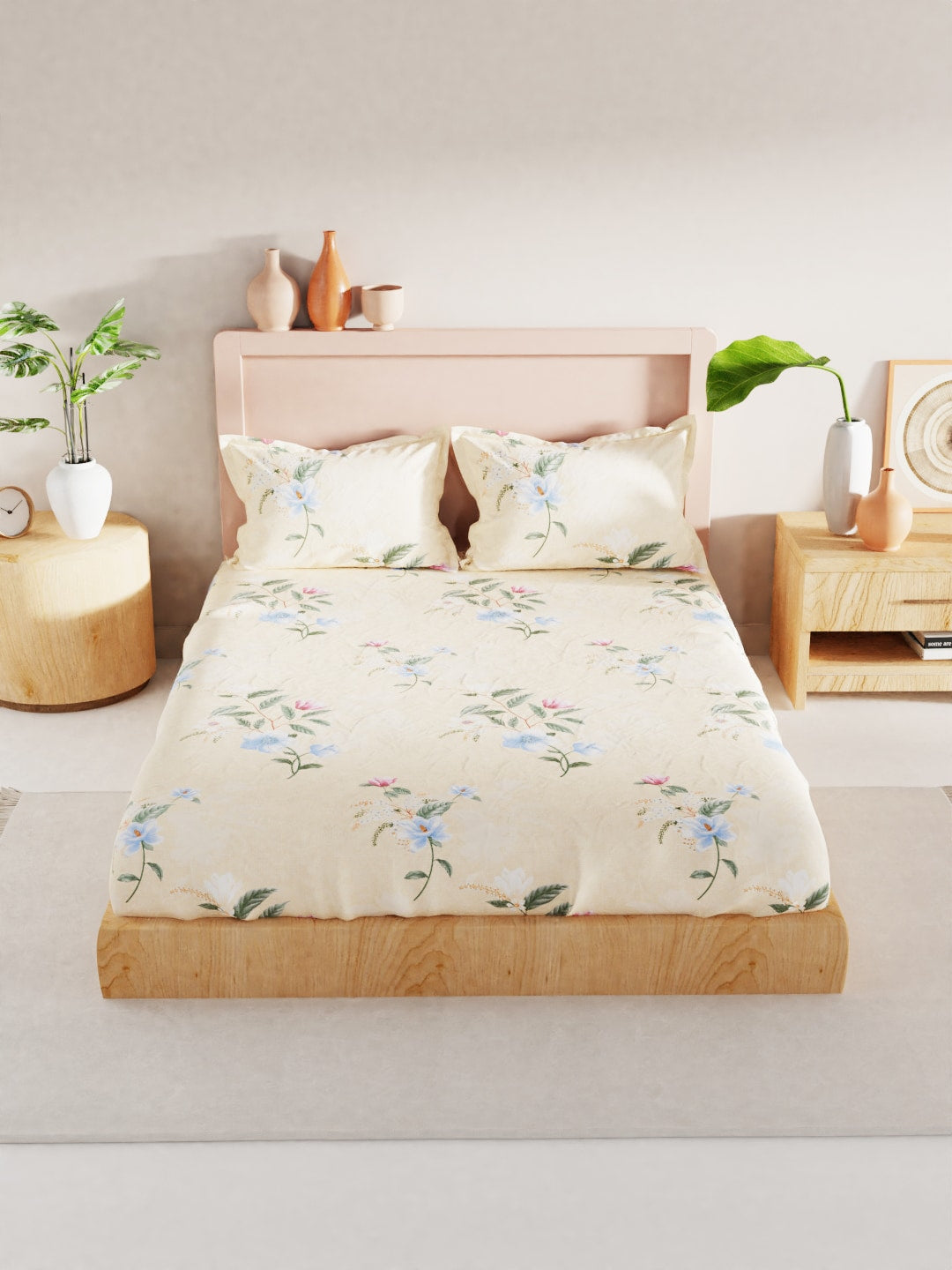 BIANCA Yellow & Blue Floral 186 TC King Bedsheet with 2 Pillow Covers - Swadesiicart