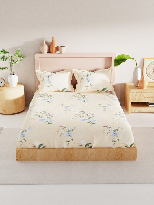 BIANCA Yellow & Blue Floral 186 TC King Bedsheet with 2 Pillow Covers - Swadesiicart