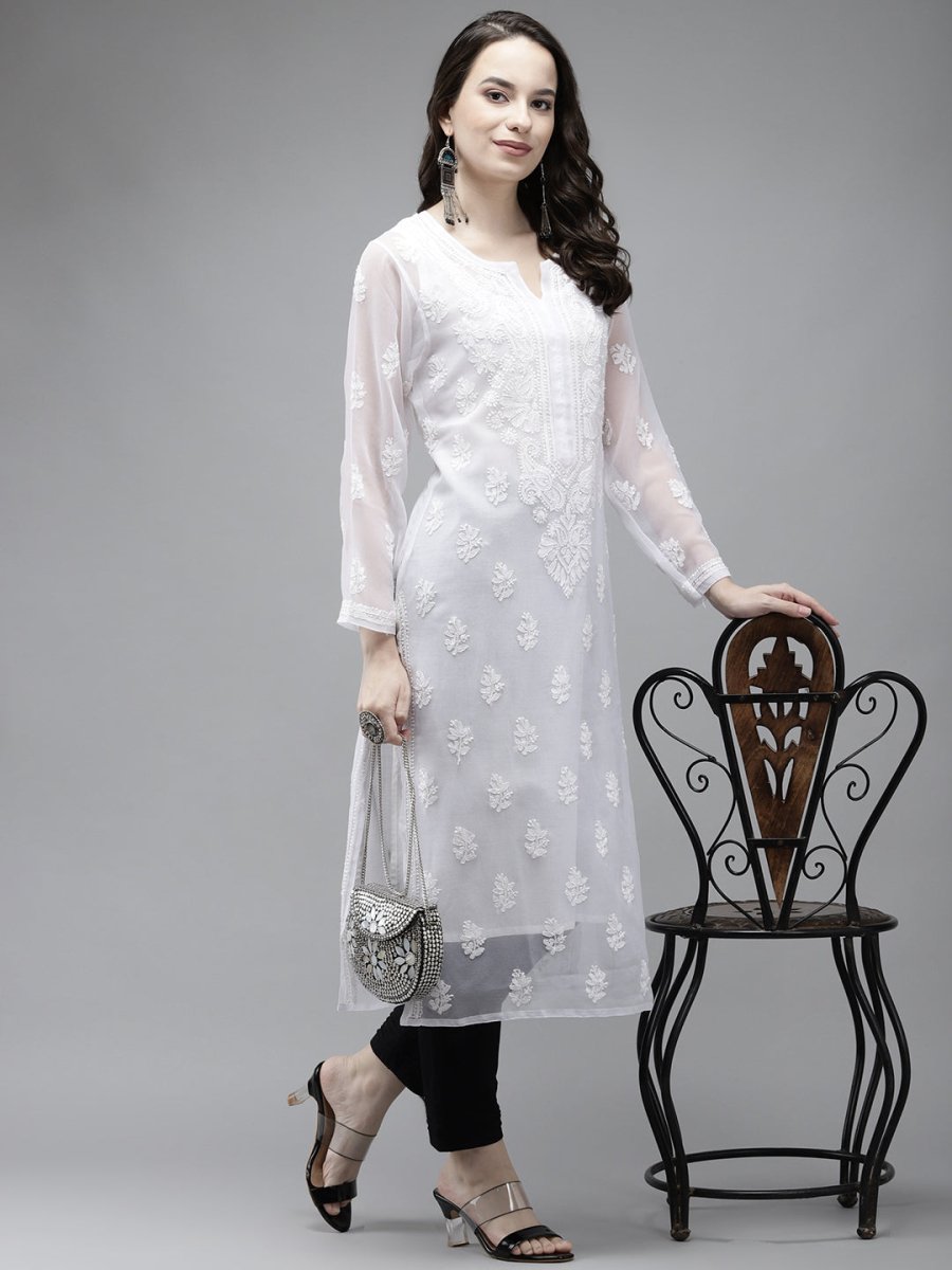ADA Women White Ethnic Motifs Regular Chikankari Handloom Kurta with Palazzos | Swadesiicart