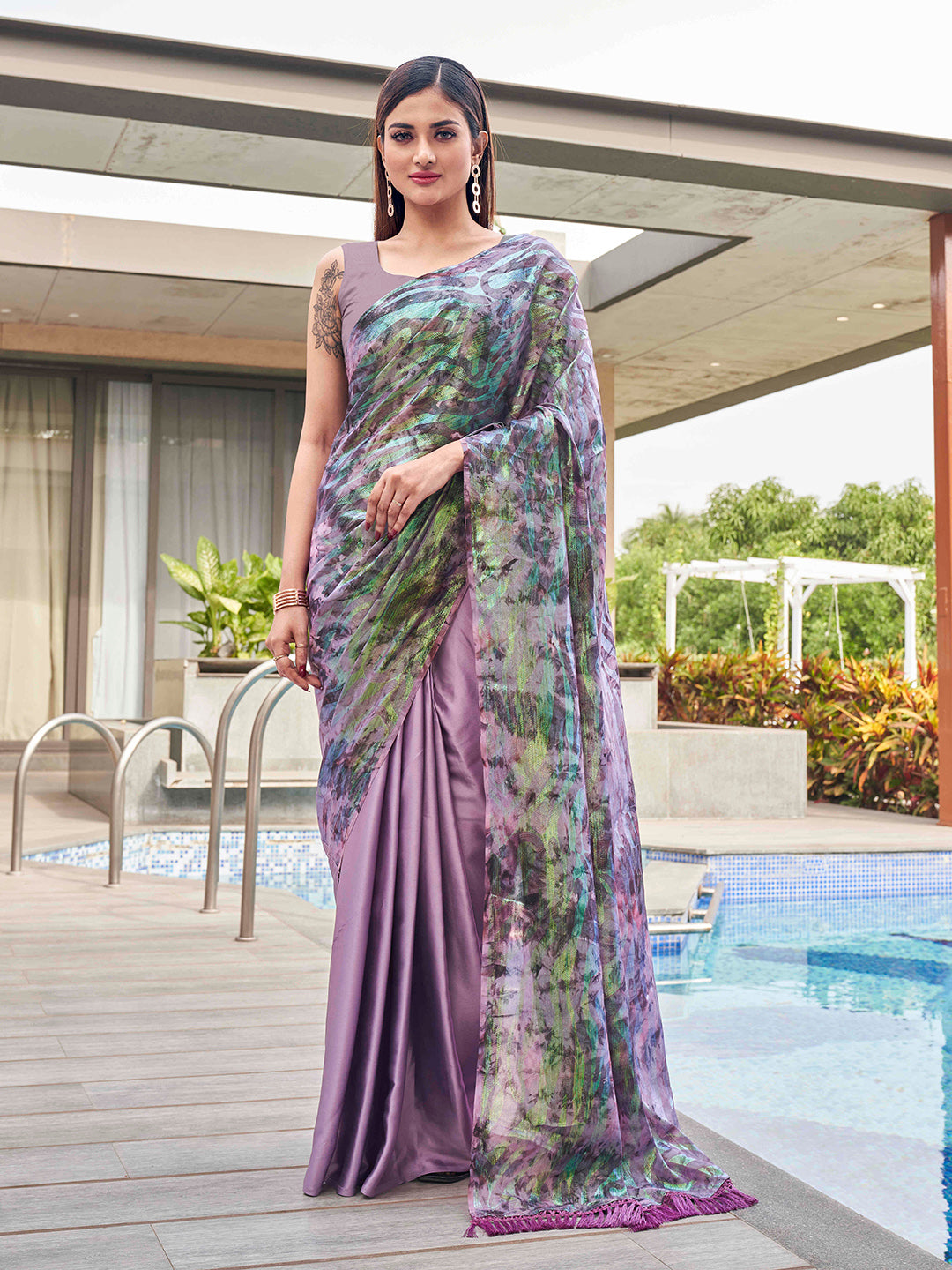 Tikhi Imli Mauve Abstract Printed Satin Half and Half Saree | Swadesiicart