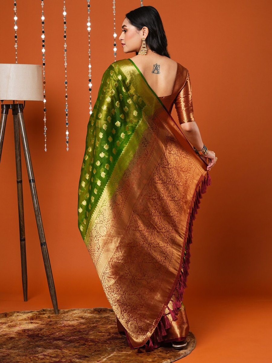 Anouk Green Paisley Woven Design Zari Organza Banarasi Saree | Swadesiicart