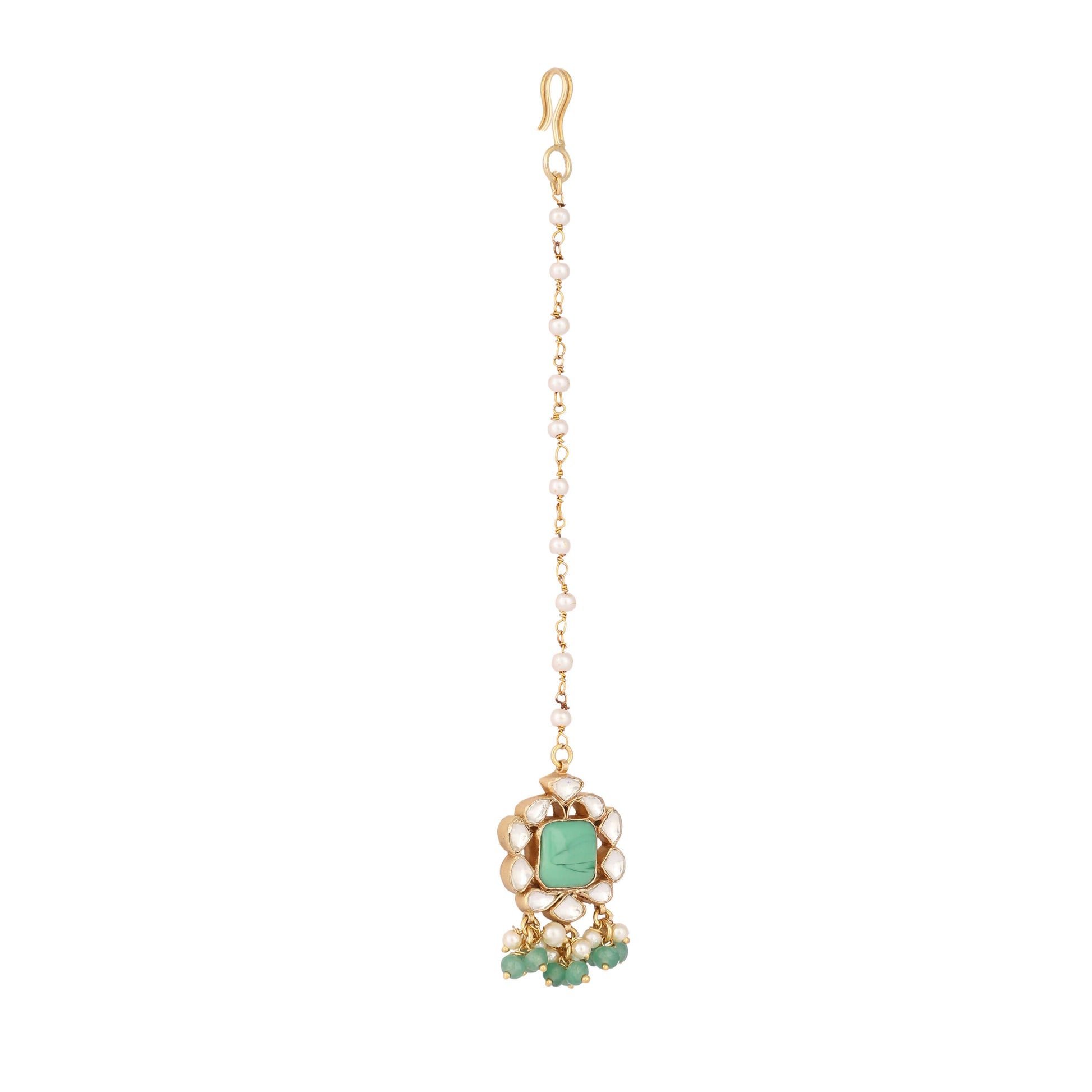 Nuyug 22K Gold-Plated Kundan & Green Stone Embellished Maang Tikka Head Jewellery | Swadesiicart