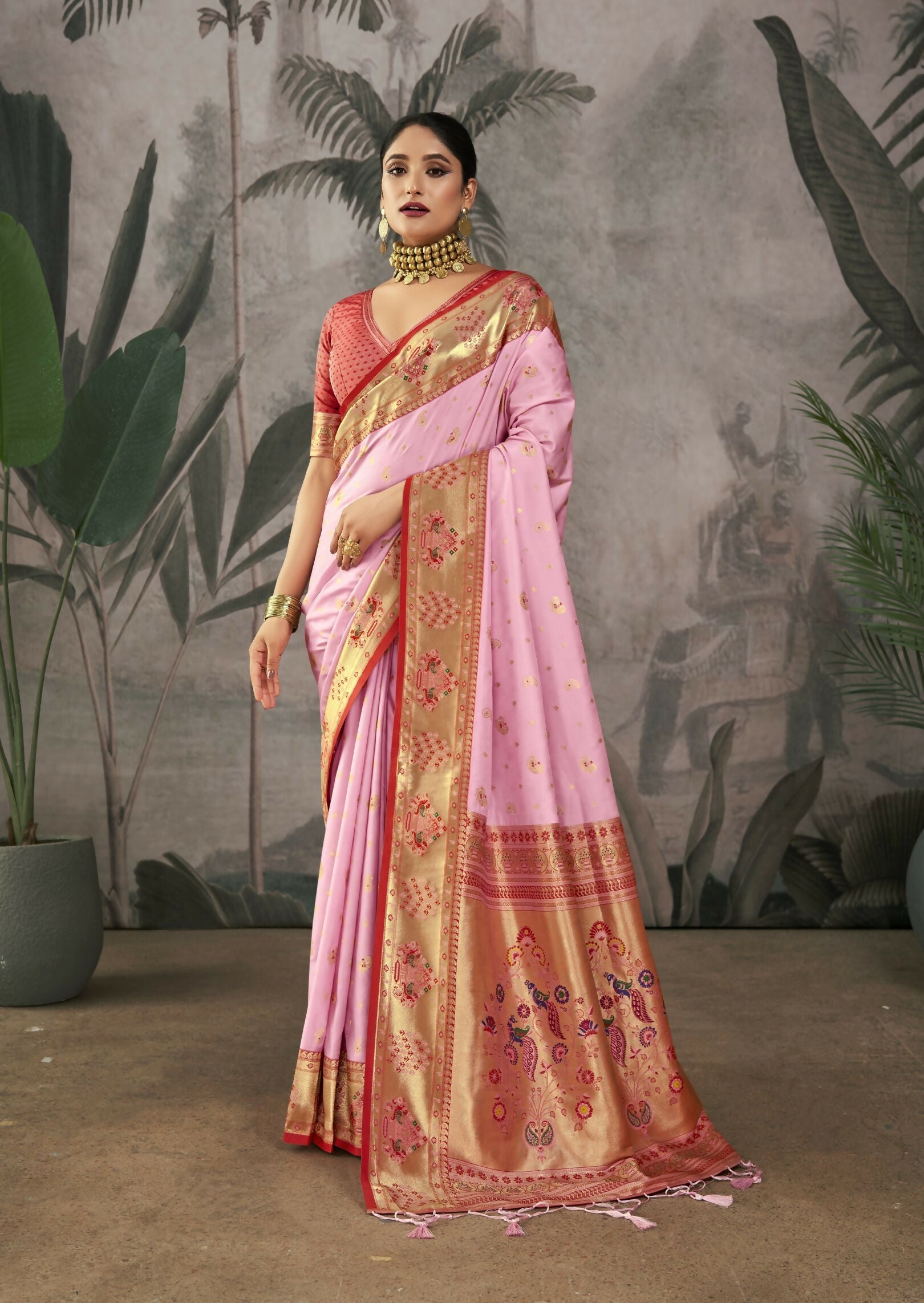 Vishnu Weaves Women's Baby-Pink Paithani Silk Saree with Blouse - Swadesiicart