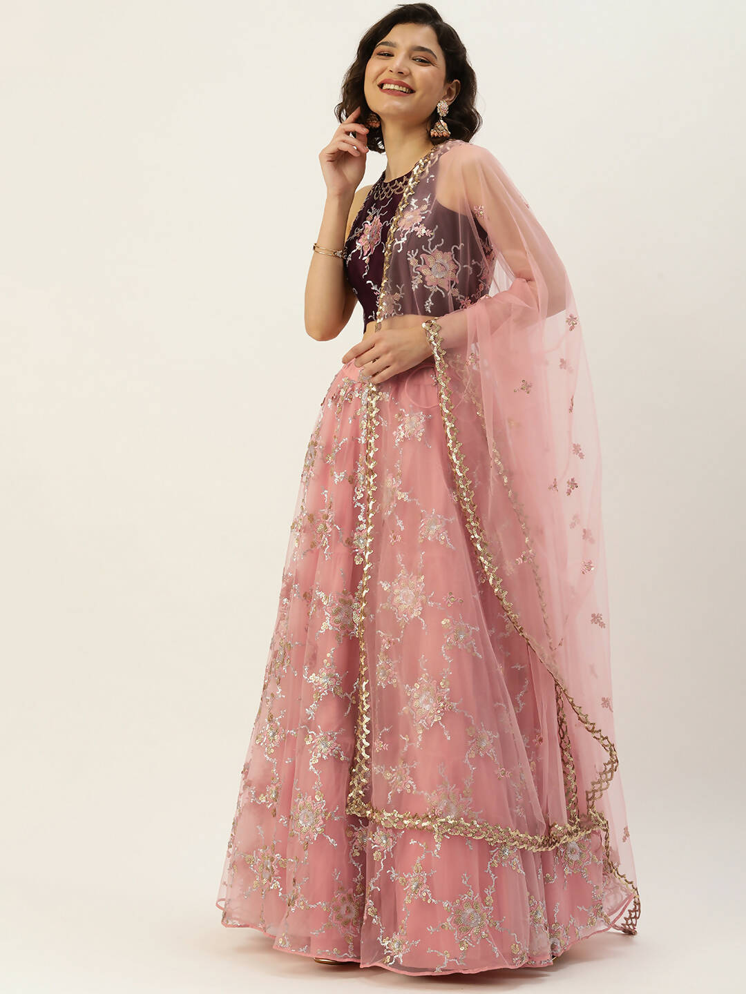 House of Panchhi Pink Net Sequins Embroideried Lehenga | Swadesiicart