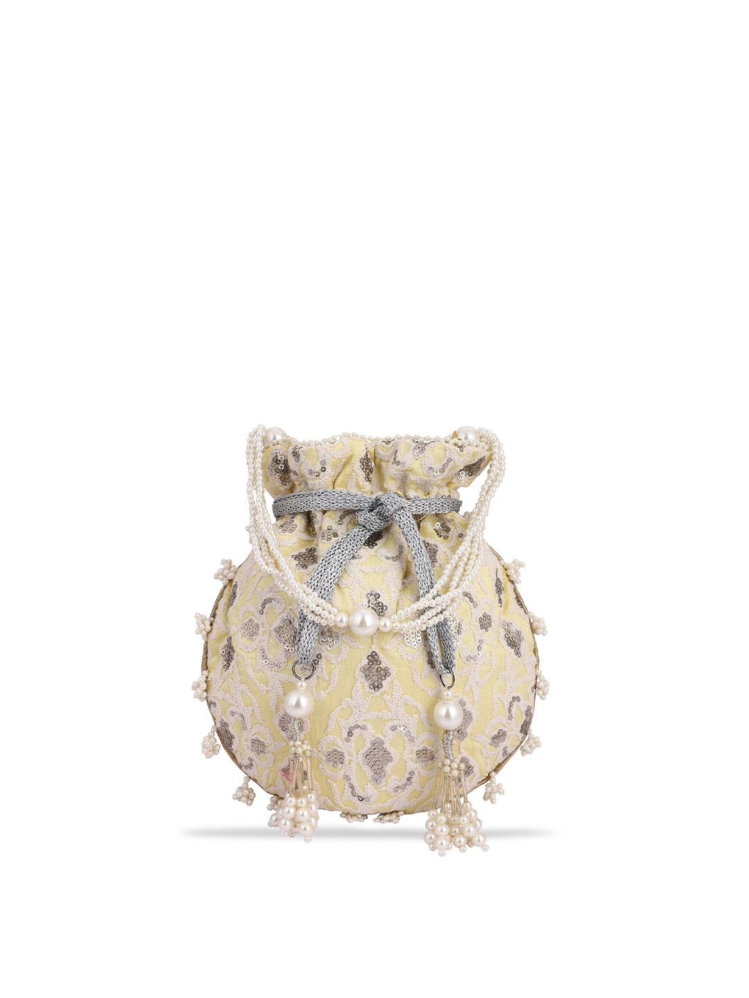 Masq Women Yellow & Grey Embellished Embroidered Potli Clutch - Swadesiicart