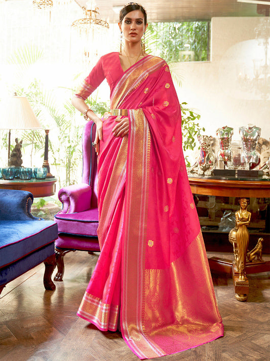 Mitera Pink & Golden Floral Zari Silk Blend Banarasi Saree | Swadesiicart