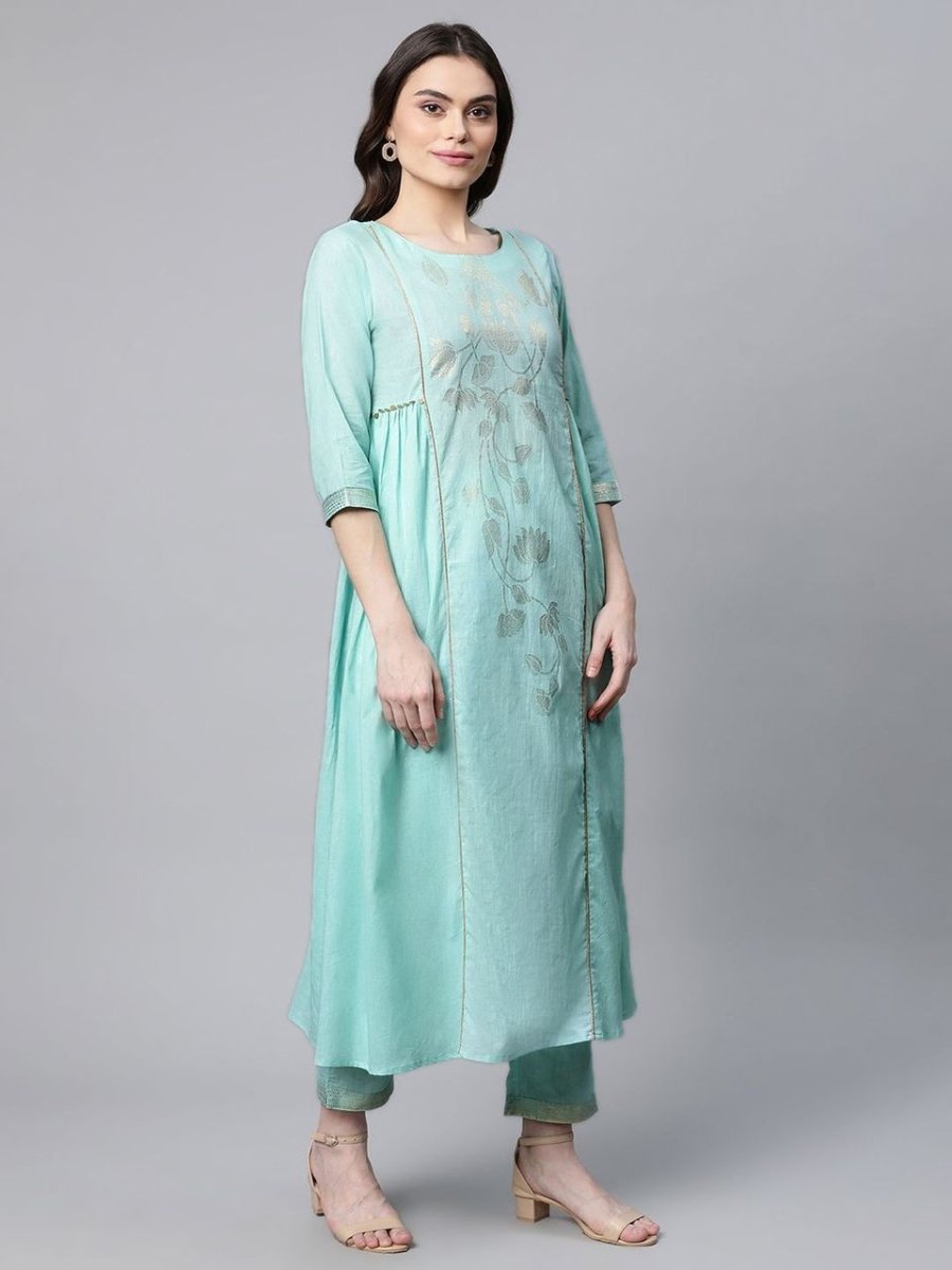 Ahalyaa Women Sea Green Colour Pure Cotton Gold Foil Print Kurta Pant Set | Swadesiicart